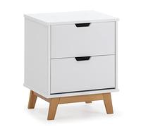 VS Venta-stock Table de Chevet Miranda 2 tiroirs Blanc, MDF laqué en couler Blanc, Pieds en Bois Nature