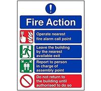 vsafety 12004 an-r Fire Action Sign, Assemblée Fire Action Prohibition/NE PAS Retour, en plastique rigide, Portrait, 150 mm x 200 mm, bleu/vert/rouge