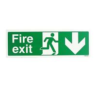VSafety 14002AX-G Panneau phosphorescent en plastique 1 mm "Fire Exit" avec flèche vers le bas Horizontal 300 mm x 100 mm Vert