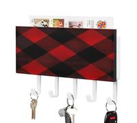 VstaDank 1 porte-clés mural adhésif avec plateau de rangement de courrier en métal avec 5 crochets de suspension en cuir synthétique pour entrée Rouge et noir