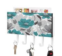 VstaDank Floral1 Porte-clés mural adhésif avec plateau organiseur de courrier en métal avec 5 crochets de suspension en cuir synthétique pour entrée Gris sarcelle et blanc