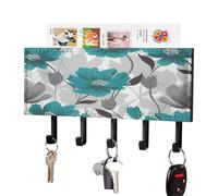 VstaDank Floral1 Porte-clés mural adhésif avec plateau organiseur de courrier en métal avec 5 crochets de suspension en cuir synthétique pour entrée Gris sarcelle et blanc