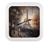 VstaDank Horloge murale romantique de Paris Tour Eiffel silencieuse sans tic-tac avec cadre moderne Horloge murale carrée à piles Horloge analogique Décoration d'intérieur pour salon, salle de bain