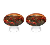 VstaDank Lot de 2 boutons d'armoire ronds avec vis en alliage d'aluminium - Motif champ de fleurs de coquelicots rouges dans le coucher du soleil - Ferrures d'armoire modernes pour tiroirs de commode