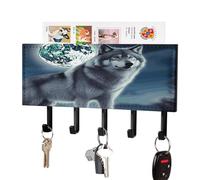 VstaDank Porte-clés mural en cuir synthétique avec plateau de rangement pour courrier avec 5 crochets en cuir synthétique Motif loup sous la lune