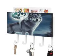 VstaDank Porte-clés mural en cuir synthétique avec plateau de rangement pour courrier avec 5 crochets en cuir synthétique Motif loup sous la lune