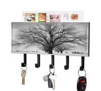 VstaDank Porte-clés mural en forme d'arbre noir et blanc avec plateau de rangement de courrier adhésif en métal avec 5 crochets de suspension en cuir synthétique pour entrée