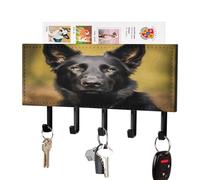 VstaDank Porte-clés mural en forme de chien de berger allemand noir avec plateau de rangement de courrier adhésif en métal avec 5 crochets de suspension en cuir synthétique pour entrée