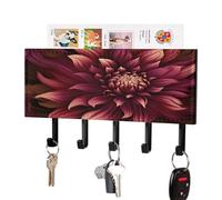 VstaDank Porte-clés mural en forme de fleur artistique rouge vin avec plateau de rangement de courrier adhésif en métal avec 5 crochets de suspension en cuir synthétique pour entrée