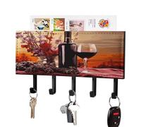 VstaDank Porte-clés mural en forme de fleur de vin rouge avec plateau de rangement de courrier adhésif en métal avec 5 crochets de suspension en cuir synthétique pour entrée