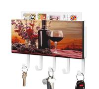VstaDank Porte-clés mural en forme de fleur de vin rouge avec plateau de rangement de courrier adhésif en métal avec 5 crochets de suspension en cuir synthétique pour entrée