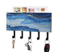 VstaDank Porte-clés mural en marbre bleu abstrait aquarelle pour clés murales avec plateau de rangement de courrier adhésif en métal avec 5 crochets de suspension en cuir synthétique pour entrée