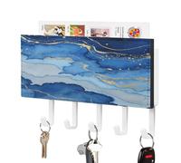 VstaDank Porte-clés mural en marbre bleu abstrait aquarelle pour clés murales avec plateau de rangement de courrier adhésif en métal avec 5 crochets de suspension en cuir synthétique pour entrée