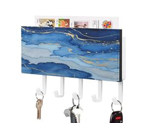 VstaDank Porte-clés mural en marbre bleu abstrait aquarelle pour clés murales avec plateau de rangement de courrier adhésif en métal avec 5 crochets de suspension en cuir synthétique pour entrée