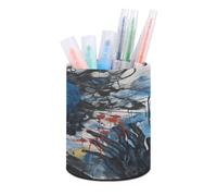 VstaDank Pot à crayons rond en cuir synthétique pour peinture abstraite bleue, support de bureau décoratif pour pinceaux, ciseaux, décoration de bureau, maison (7,9 x 10,9 cm)