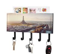 VstaDank Vue aérienne de Paris Cityscape Porte-clés mural adhésif avec plateau organisateur de courrier Porte-clés adhésif en métal avec 5 crochets Cintre en cuir PU pour entrée