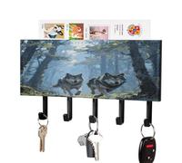 VstaDank Wolf Forest Porte-clés mural adhésif avec plateau organiseur de courrier en métal avec 5 crochets de suspension en cuir synthétique pour entrée