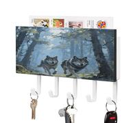 VstaDank Wolf Forest Porte-clés mural adhésif avec plateau organiseur de courrier en métal avec 5 crochets de suspension en cuir synthétique pour entrée