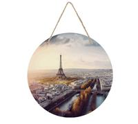Vue aérienne du paysage urbain de Paris - Plaque circulaire en bois à suspendre avec motifs imprimés UV - Décoration murale rustique minimaliste pour salon, chambre à coucher, cuisine, ferme