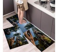 Vue Réaliste Sur Le Lac Tapis de Cuisine 2 pièces, Montagnes Au Bord Du Lac Eau Bateaux Bois Tapis de Cuisine antidérapant, Vert Foncé Absorbant l'Huile pour Couloir, Salle à Manger - 43x75+43x150cm