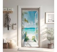 Vue sur la Mer Stickers de Porte Papier Peint PVC Imperméable, Été Sticker Porte 3D Trompe L'Oeil 63x205 cm, Plage Stickers de Porte Autocollant Amovible