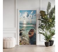 Vue sur la Mer Turquoise Poster de Porte 3D Trompe L'oeil 73x205 cm, Bateau en Bois Auto-Adhésif Sticker Porte pour Chambre Cuisine, Océan Nature Stickers Autocollants de Porte