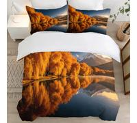 Vue sur Le Lac et Arbres Jaunes Housse de Couette 140x200 Parures de Lit 1 Personne Imprimé 3D Microfibre Douce Paysage d'automne Housses Couette avec 2 Taies d'oreiller et Fermeture Éclair l.758