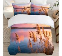 Vue sur Le Lac Housse de Couette 140x200 Parures de Lit 1 Personne Imprimé 3D Microfibre Douce Coucher de Soleil Housses Couette avec 2 Taies d'oreiller et Fermeture Éclair l.703