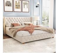 VUENOR Lit 160x200 cm beige - tête de lit capitonnée, sommier à lattes, sans matelas