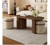VUENOR Set table basse 3 pièces ovale coloris noyer avec 2 poufs rembourrés, MDF et bois de pin