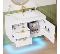 vutizal Armoire de salle de bain 76 cm avec lavabo, lavabo suspendu au mur avec LED et application, grain de bois blanc, fermeture douce, sans robinet