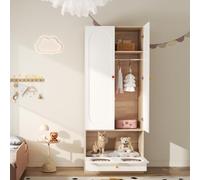 vutizal Garde-robe pour enfant en blanc et bois naturel, petite armoire avec lit pour chat, tringle à vêtements et poignées en céramique multicolores, 80 x 50 x 200 cm, idéale comme armoire pour