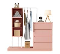 vutizal Meuble Rangement 140 cm avec penderie - Commode à Chaussures et tiroirs - Armoire Ouverte Design Blanc et Rose - Dressing Compact pour entrée ou Chambre (Blanc+Rose)