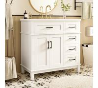 vutizal Meuble sous-lavabo 90 cm avec lavabo en céramique, tiroir rabattable, 4 tiroirs, double porte, amortisseur silencieux, pieds en bois massif, laqué blanc, poignées noires, 90 x 46 x 87 cm