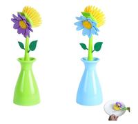 Vyloky Lot de brosses à vaisselle en forme de fleur - Avec poignée et support, doux pour les poêles, casseroles et lavabos anti-adhésifs (combinaison vert/bleu)