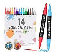 VynyQoo 14 Couleurs Marqueur Peinture Acrylique, Feutres Acrylique, Stylos de Peinture à Double Pointe, Feutres Coloriage Adulte 0,5cm Extra Pointe Fine pour Roche Bois Tissu Verre Céramique