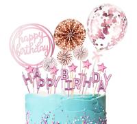 VYZUTR 24 PCS Happy Birthday Déco de Gâteau Or Rose, Decoration Cake Topper Happy Birthday Bougie Lettre Ballon Étoiles Topper avec Boule de Décoration pour Fête de Garçon et Fille Anniversaire