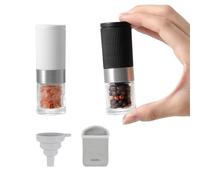 vzaahu Ensemble de mini moulins à sel et à poivre noir et blanc avec sac et entonnoir, petits outils à épices portables de voyage, grossier réglable, rechargeable, fraises en céramique pour cuisine