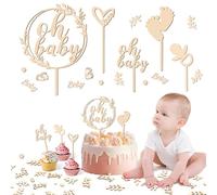 W Rxkiocs 5 Pièces Cake Topper Communion Baptême Oh Baby en Bois Décoration de Gâteau Confettis pour Fête Prénatale Révélation de Sexe Baby Shower