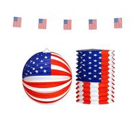 W WIDMANN MILANO Party Fashion - Set of U.S.A. Flag Garland 4 m, Paper Ball 25 cm & Lantern 16 cm - H 28 cm Flame Retardant -