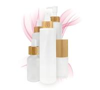 Wachsmann Flacon pulvérisateur et distributeur à pompe à remplir, en verre mat, 30 ml, 100 ml, 150 ml, pipette, distributeur de crème et distributeur de savon, avec bambou, pour cosmétiques naturels