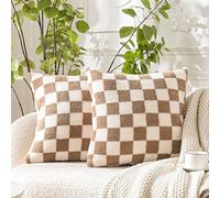WACOMECO Housses de Coussin décoratives - Housses de Coussin Douces en Fausse Fourrure à Carreaux pour canapé, Chambre à Coucher, Salon, Voiture - 45,7 x 45,7 cm - Kaki et Blanc cassé