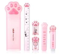 Wadakada Ensemble de Papeterie Patte de Chat Mignon, 6 Pièces Kit de Papeterie Chat Kawaii Taille-Crayon Gomme Rétractable Règle de Bande Correctrice Rose