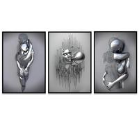 WADBTP Art Moderne Métal Figurine Tableau sur Toile Peinture, Sculpture 3D Métal Effet, Ensemble d'Affiches de Couple d'Amants en Étreinte pour la Maison, Sans Cadre (Style 4,50X70CM*3)