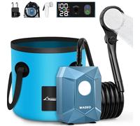 WADEO Douche Portable avec Seau Pliable 20L Camping, Pompe Rechargeable 6000mAh Lumière Intégrée, Étanche IPX8, 5 Modes Pression - Idéale Randonnée, Voyage, Animaux (Bleu)