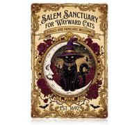WADORN Chat Noir Sorcière Halloween Panneau En Métal Salem Sanctuaire Pour Chats Errants Plaque D'Art Mural Vintage Décoration Murale Halloween Rétro Gothique Pour Maison Bar Cuisine Chambre 20x30cm
