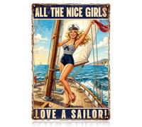 WADORN Écriteau Métallique Rétro Sailor Pin Up Girl 20x30cm Toutes Les Jolies Filles Aiment Un Marin Art Mural Vintage Décor Nostalgique Plaque Métallique Décor Cadeau pour Maison Bar Pub Café Garage