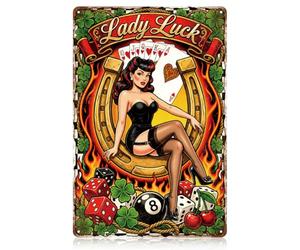 WADORN Panneau Métal Rétro Dame Chanceuse Casino 20x30cm Pin Up Girl Poker Vintage Art Mural Décoration Nostalgique Poster Décoratif Plaque Signes Cadeau pour Soirée Casino Pub Club Caverne d Homme