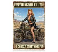 WADORN Pin up Girl Motocyclette Enseigne Métallique Rétro 20x30cm Tout Va Vous Tuer Alors Choisissez Quelque Chose d'Amusant Art Mural Vintage Nostalgique Plaque pour Maison Garage Café Bar Tanière