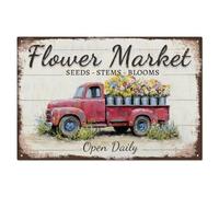 WADORN Plaque en Métal Rétro Camion du Marché aux Fleurs, Marché aux Fleurs Ouvert Jours Panneaux Métalliques Vintage Affiches Murales Florales Plaques Décoratives pour Magasin de Fleurs 20x30cm